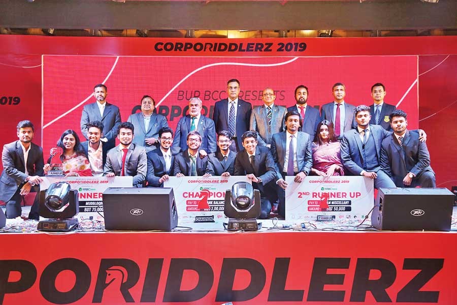 The winners of Corporiddlerz 2019 with the judges and guests held at Bangladesh University of Professionals