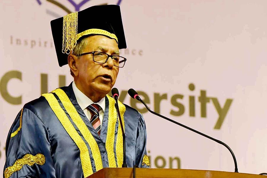 President M Abdul Hamid delivering his speech at the 13th Convocation of Brac University held at the city's army stadium on Saturday. -PID Photo