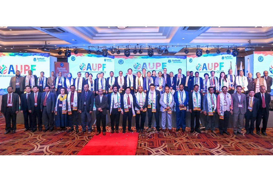  Dr Dipu Moni, MP, minister for education, Ministry of Education, Professor Dr Abdul Mannan Choudhury, vice chairman, Association of Private Universities of Bangladesh (APUB) and Dr Md Sabur Khan, standing committee member of AUPF and chairman, Daffodil International University  along the participants of 18th Asian University Presidents Forum 2019 (AUPF 2019) at the opening ceremony hosted by Daffodil International University in collaboration with  Association of Private Universities of Bangladesh (APUB) 