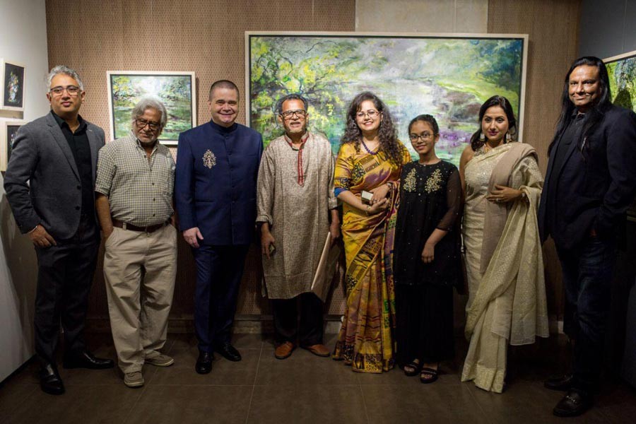 In the picture, (from left) Yasir Azman, deputy CEO and CMO of Grameenphone, Monirul Islam, prominent Bangladeshi-Spanish artist, Michael Foley, CEO of Grameenphone, artist Jahangir Hossain, Farhana Islam, artist and general manager at Grameenphone, Junaina Husain daughter of Farhana, Nazia Andaleeb Preema, visual artist and founder of Bangladesh Creative Forum, Mustapha Khalid Palash, prominent architect and artist