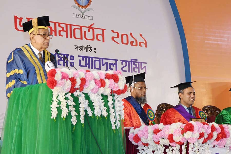 President M Abdul Hamid addressing the fifth convocation of Rajshahi University of Engineering and Technology (RUET) on its campus on Sunday. -Focus Bangla Photo