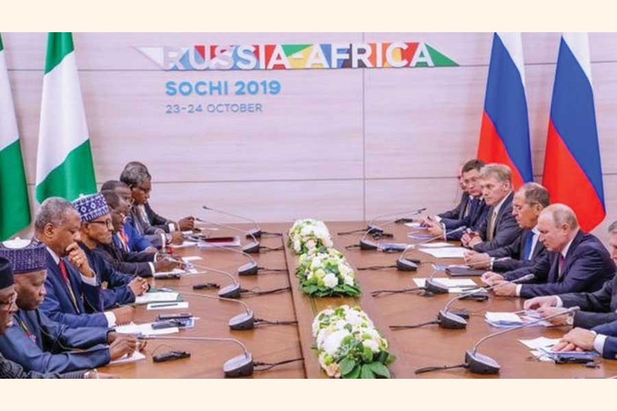 'A dazzling example of Kremlin's charm offensive is the inaugural Russia-Africa Summit (October 23-24) where over 40 African leaders and some 3,000 businessmen gathered in Sochi.'              —Photo credit:  Presidency Nigeria via the Internet