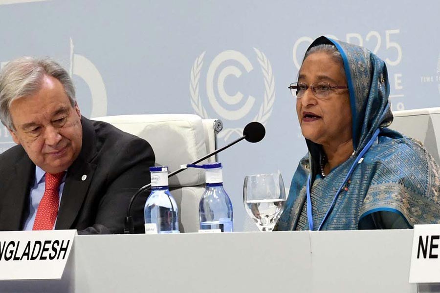 Prime Minister Sheikh Hasina addressing the Action for Survival: Vulnerable Nations COP25 Leaders’ Summit at Feria de Madrid (IFEMA) in Madrid, the capital of Spain, on Monday. -PID Photo