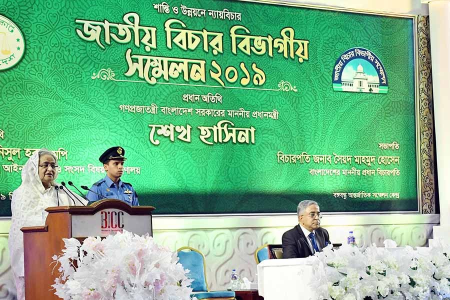 Prime minister Sheikh Hasina addressing the National Judicial Conference-2019, titled 'Justice for Peace and Development', at Bangabandhu International Conference Centre in Dhaka on Saturday. -Focus Bangla Photo