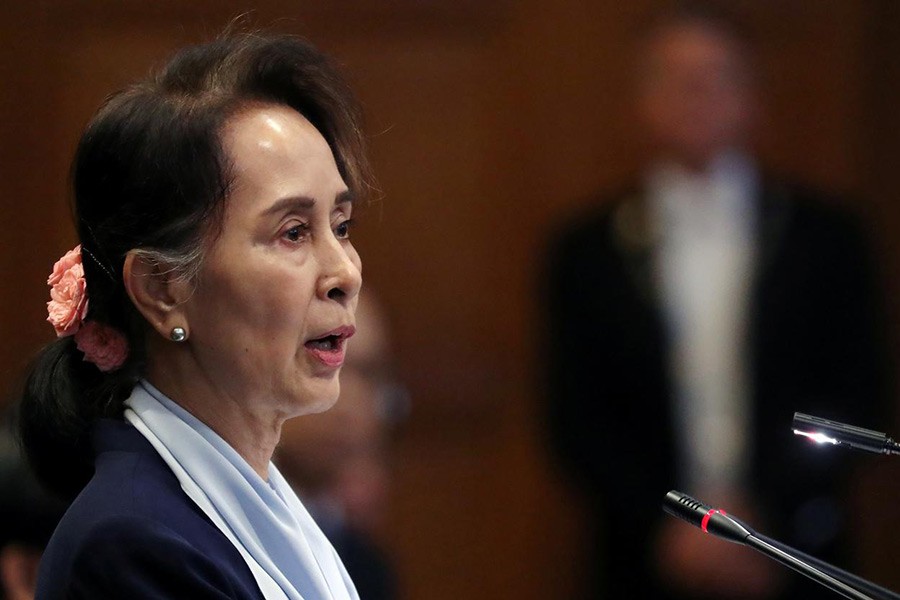 Myanmar's leader Aung San Suu Kyi speaking on the second day of hearings in a case filed by Gambia against Myanmar alleging genocide against the minority Muslim Rohingya population, at the International Court of Justice (ICJ) in The Hague, Netherlands on Wednesday. -Reuters Photo
