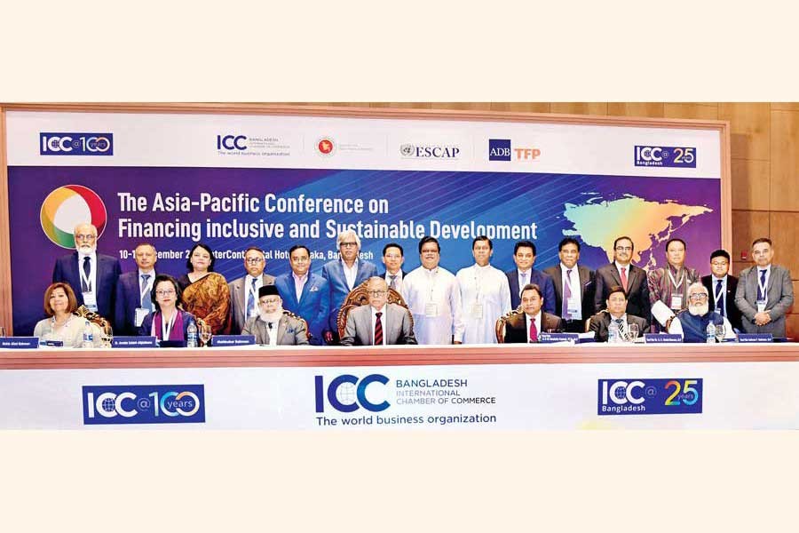 President Abdul Hamid (centre, seated), Finance Minister AHM Mustafa Kamal (third from right, front row), ICC, Bangladesh president Mahbubur Rahman (third from left, front row) and others seen at the inaugural session of 'The Asia Pacific Conference on Financing Inclusive and Sustainable Development' at a city hotel on Tuesday— PID