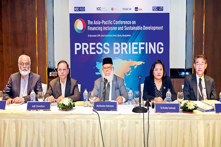 ICC Bangladesh President Mahbubur Rahman (centre) addressing a press briefing following the conclusion of the three-day 'Asia-Pacific Conference on Financing Inclusive and Sustainable Development' on Thursday. Others at the briefing from left are: Ataur Rahman, Secretary General, ICC Bangladesh; Arijit Chowdhury, Additional Secretary, Financial Institutions Division (FID), Ministry of Finance; Dr Tientip Subhanij, Chief, Financing for Development, ESCAP; and Dr Masato Abe, Economic Affairs Officer, Macro Economic Policy and Financing for Development Division, ESCAP