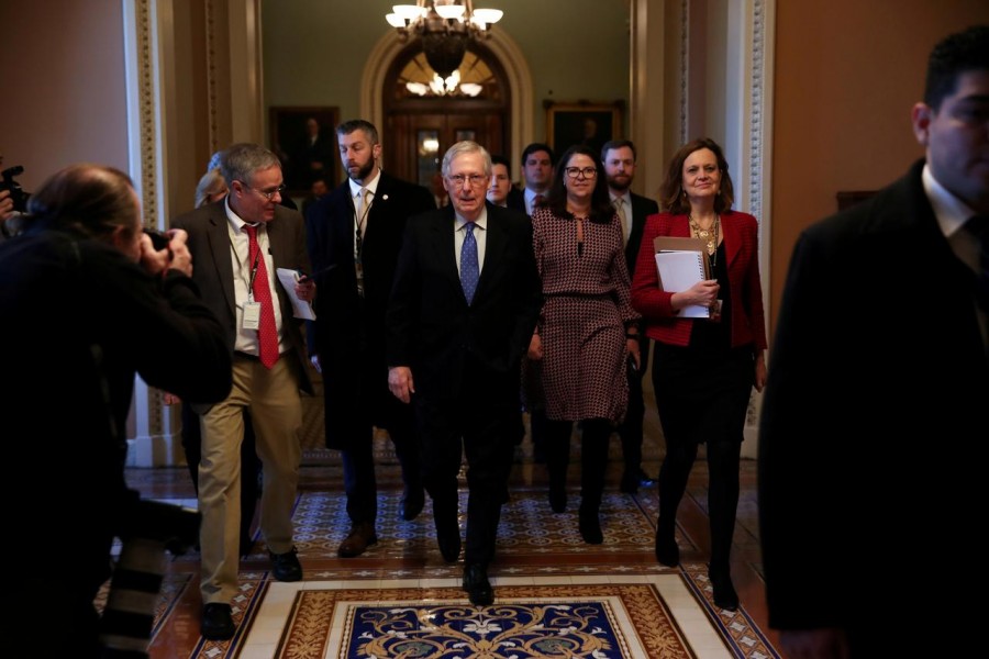 US Senate Majority Leader Mitch McConnell (R-KY) returns to his office after a speech on the Senate floor of the US Capitol in Washington, US, December 19, 2019. Reuters
