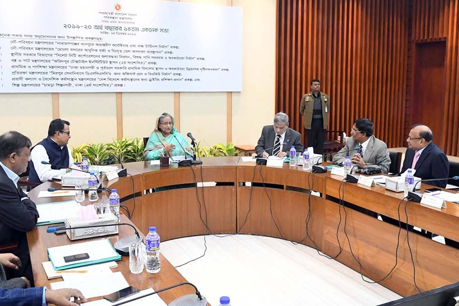 Prime Minister and ECNEC Chairperson Sheikh Hasina presiding over the 14th ECNEC meeting of the current fiscal (FY20) held at the NEC Conference Room in the city’s Sher-e-Bangla Nagar area on Tuesday. -PID Photo