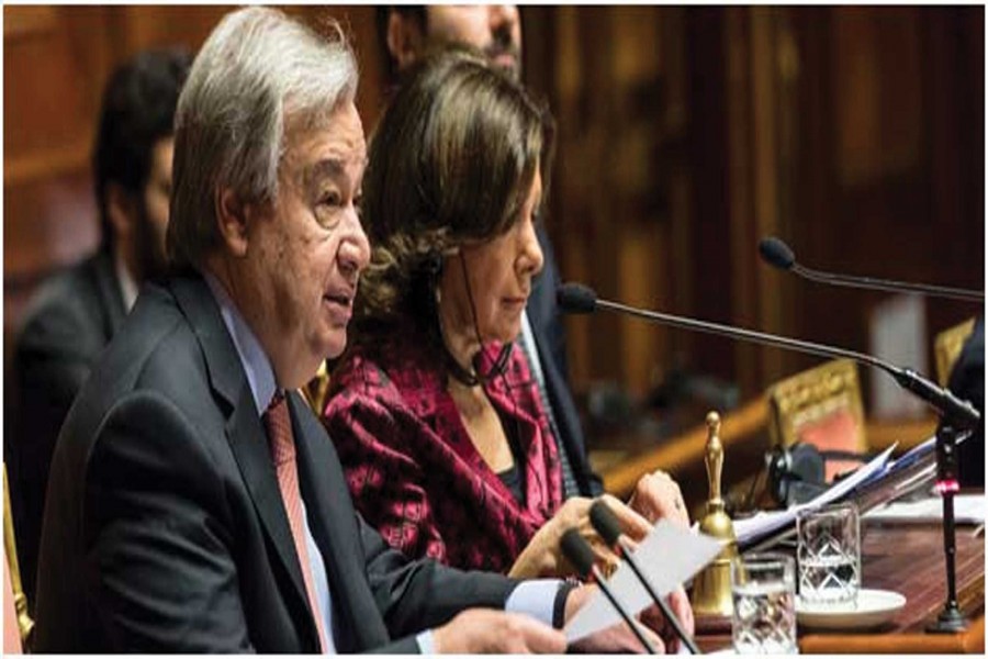 The UN Secretary-General António Guterres addresses a special session of the Italian Parliament on December 18, 2019. Maria Elisabetta Alberti, President  of the Senate, is  on his left  	 	— Photo credit: United Nations