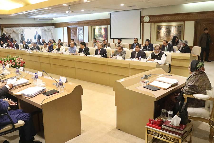 Prime Minister Sheikh Hasina presiding over the weekly cabinet meeting on Monday at PMO in Dhaka. -PID Photo
