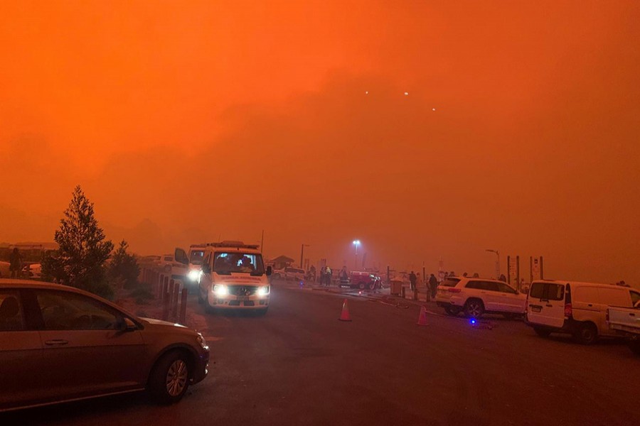 The sky glows red as bushfires continue to rage in Mallacoota, Victoria, Australia on December 31, 2019, in this photo obtained from social media — Jonty Smith via REUTERS