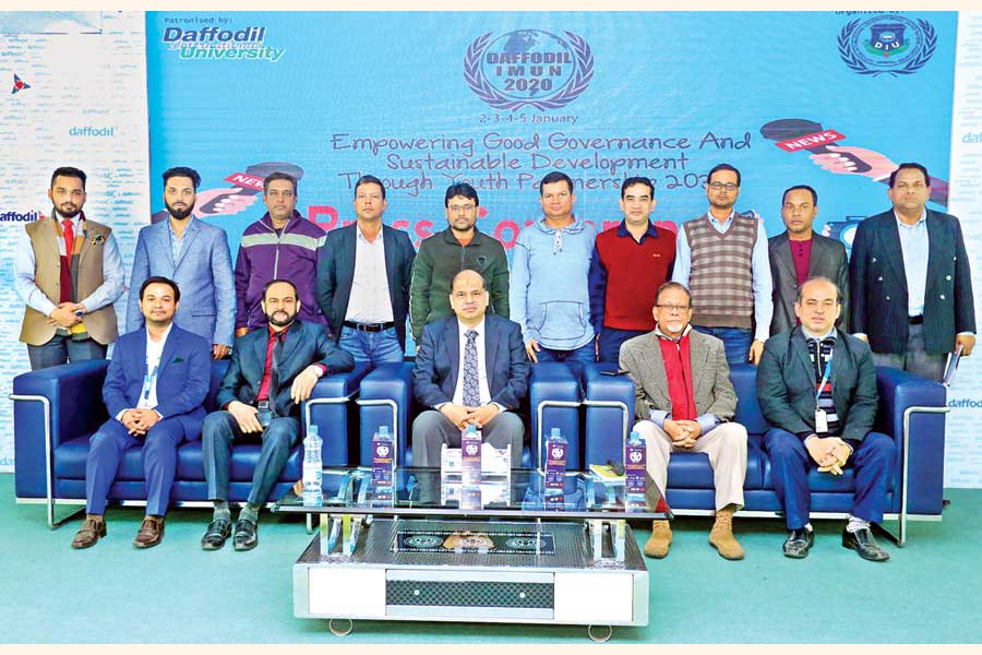 Dignitaries with organisers at the press conference for Daffodil International University Model United Nations Association (DIUMUNA)
