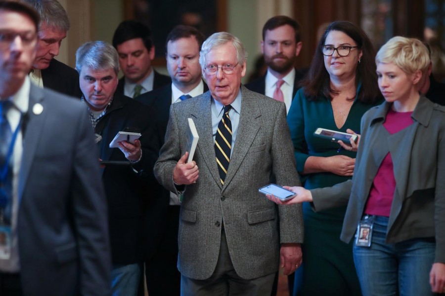 US Senate Majority Leader Mitch McConnell (R-KY) speaks to reporters as he departs the Senate floor in the US Capitol in Washington, US, January 3, 2020. Reuters