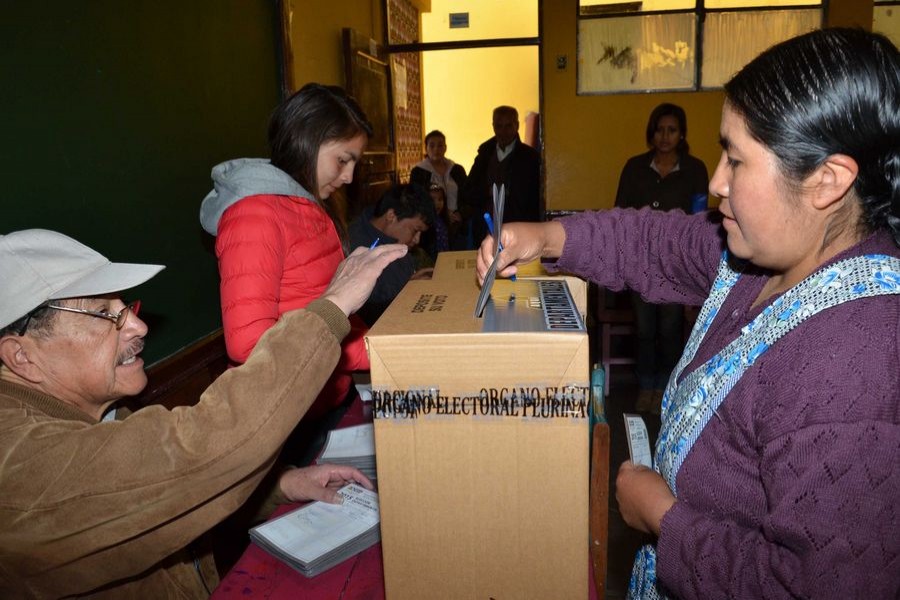 A woman casts her vote during the departmental and municipal elections in La Paz, Bolivia, on March 29, 2015. (Xinhua/ABI)