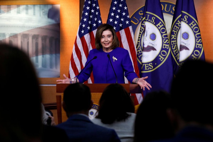 US speaker of the House Nancy Pelosi (D-CA) speaks ahead of a House vote on a War Powers Resolution amid the stalemate surrounding the impeachment of US president Donald Trump, as she holds her weekly news conference at the US Capitol in Washington, US, January 9, 2020. Reuters