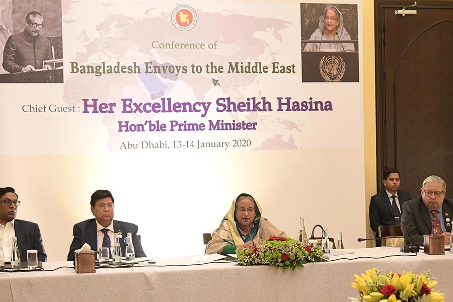 Prime Minister Sheikh Hasina addressing the Envoys’ Conference at Shangri-la Hotel in Abu Dhabi, UAE, on Monday. —PID Photo