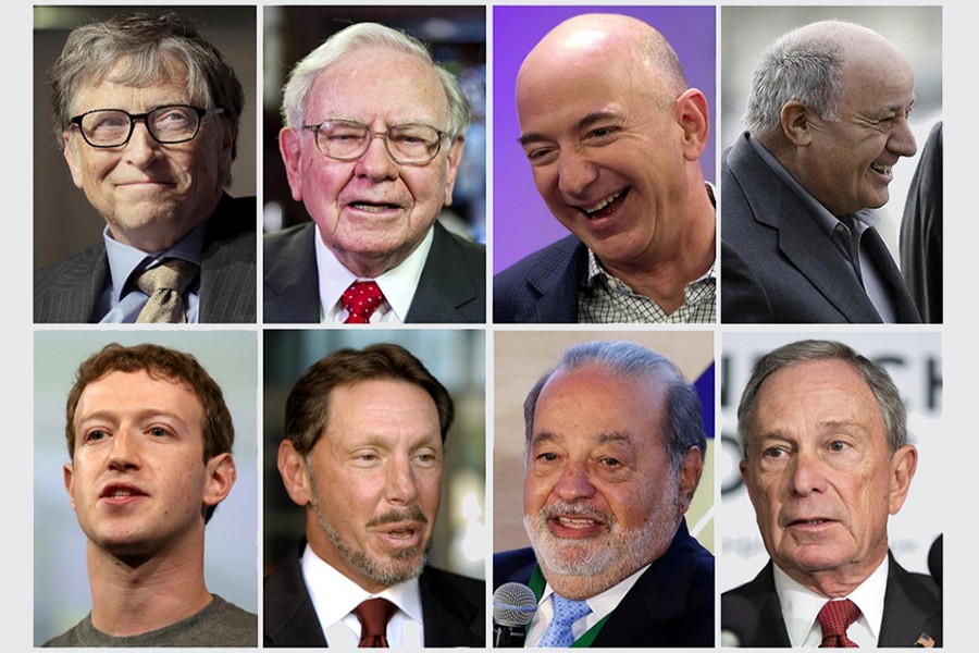 A combination photo shows (top, L-R) Bill Gates, Warren Buffett, Jeff Bezos, Amancio Ortega, (bottom, L-R) Mark Zuckerberg, Larry Ellison, Carlos Slim, and Michael Bloomberg — Reuters/Files