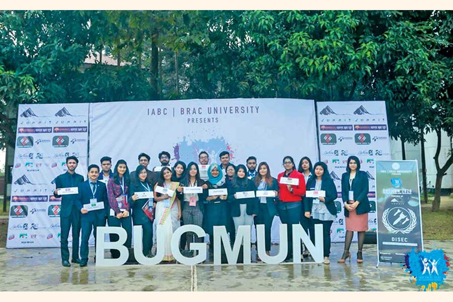 Members of the committee "DISEC" pose for a photo at Brac University Global Model United Nations