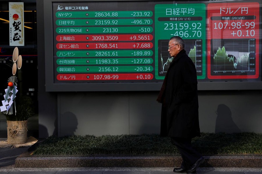 A decoration for celebrating new year is seen next to a stock index board outside a brokerage in Tokyo, Japan on January 6, 2020 — Reuters/Files