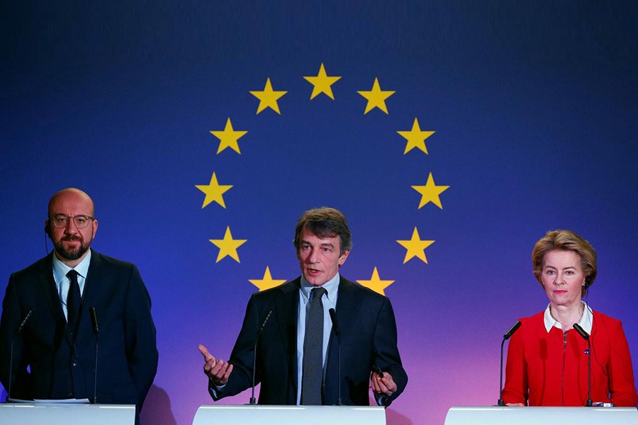 European Council President Charles Michel, EU Parliament President David Sassoli and EU Commission President Ursula von der Leyen giving a speech on the future of Europe in Brussels, Belgium on Friday. -Reuters Photo