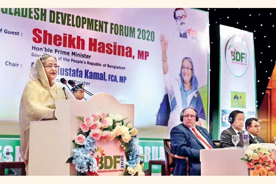 Prime Minister Sheikh Hasina speaking at the inaugural session of Bangladesh Development Forum 2020 in the city on Wednesday                                	— BSS