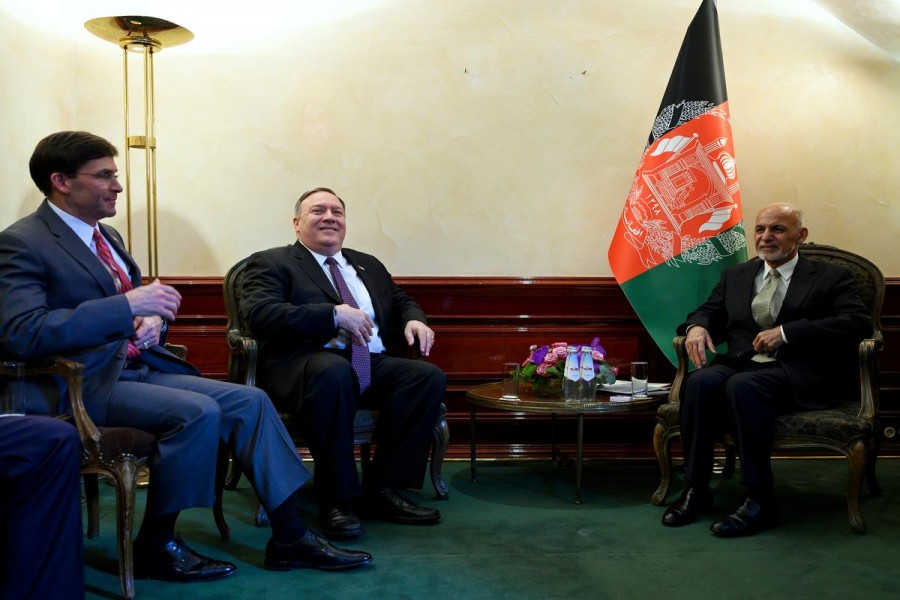 US Secretary of State Mike Pompeo (2nd L), together with US Secretary of Defense Mark Esper (L), meets with Afghan President Ashraf Ghani during the Munich Security conference in Munich, southern Germany February 14, 2020. Andrew Caballero-Reynolds/Pool via REUTERS