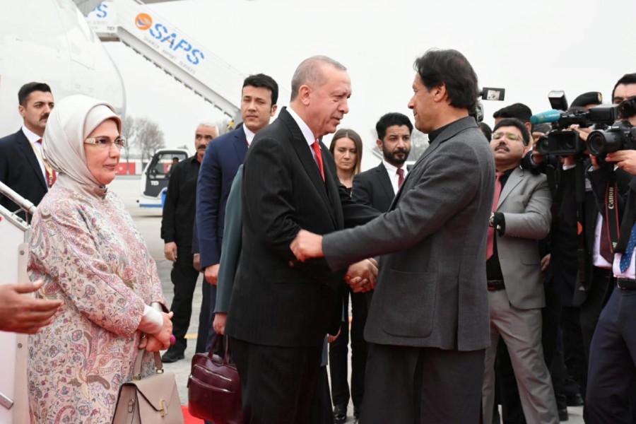 Pakistan's prime minister Imran Khan receives Turkish president Tayyip Erdogan on his arrival in Islamabad, Pakistan, February 13, 2020. Prime Minister Office handout via Reuters