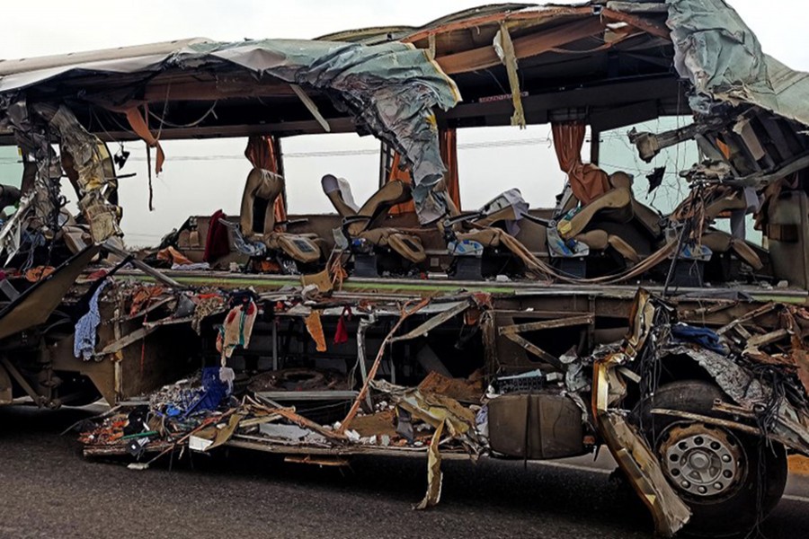 The remains of a Kerala state-run bus that collided head-on with a truck near Avanashi, Tamil Nadu state, India on February 20, 2020 — AP photo