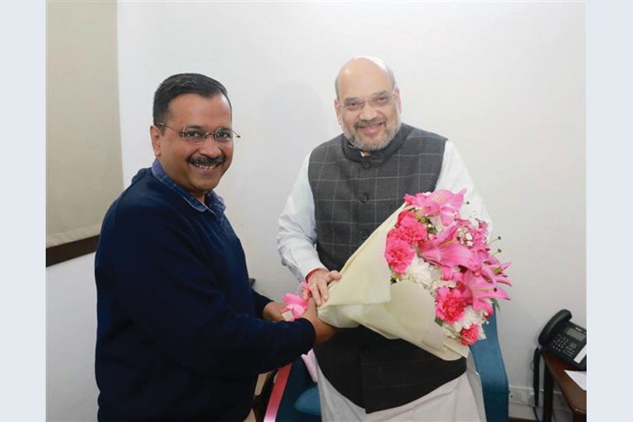 Delhi Chief Minister Arvind Kejriwal met the Union Home Minister Amit Shah at his residence in New Delhi on February 19, 2020.                  —Credit: Amit Shah via the Internet     Arvind Kejriwal  @ArvindKejriwal  Met Hon'ble Home Minister Sh Amit Shah ji. Had a very good and fruitful meeting. Discussed several issues related to Delhi. Both of us agreed that we will work together for development of Delhi