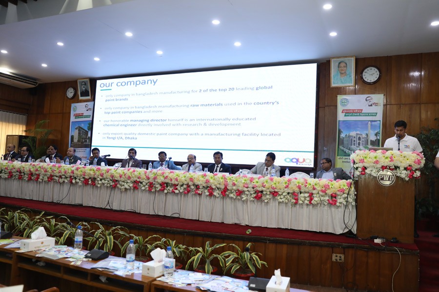 PWD chief engineer Ashraful Alam is seen in blue jacket in the middle and Elite Group's group director Shayaan Seraj in white on the far right speaking at the PWD Annual Conference 2020 at Purta Bhaban in Dhaka city's Segunbagicha on Sunday.