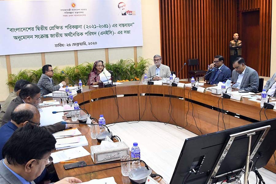 Prime Minister Sheikh Hasina presiding over the NEC meeting on Tuesday. -PID Photo