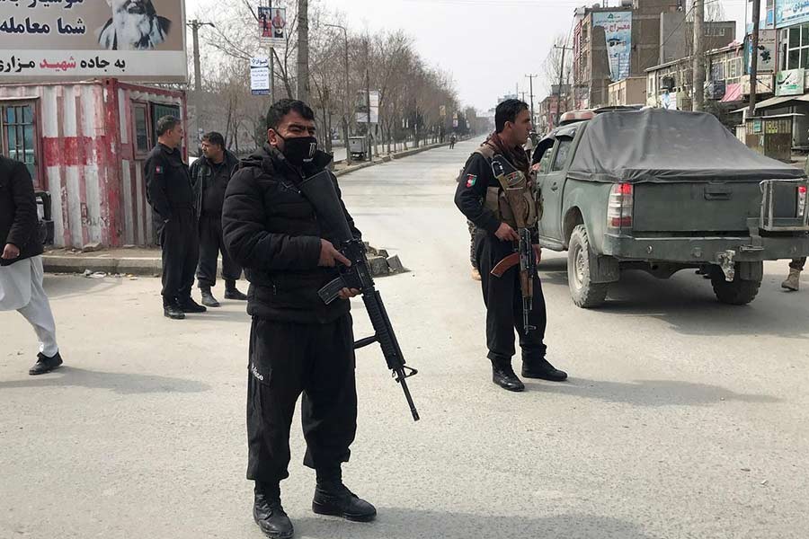 Afghan security forces keeping watch near the site of an attack in Kabul, Afghanistan on Friday. -Reuters Photo