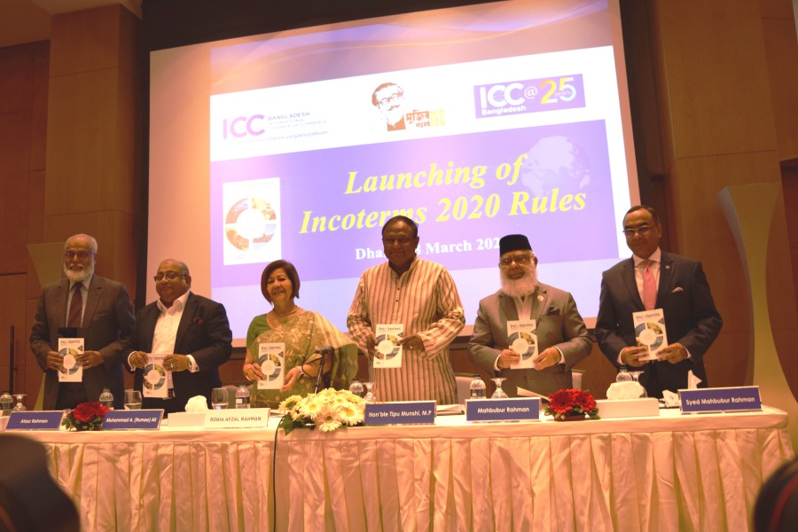 Commerce minister Mr Tipu Munshi, MP, (third from right) is seen at the launching ceremony of the New Incoterms 2020 Rules as chief guest at a local hotel in Dhaka Sunday. Also seen in the picture are  ICC Bangladesh president Mr Mahbubur Rahman (second from right), ICCB vice president Mrs Rokia A Rahman (third from left), ICCB Banking Commission chairman Mr Muhammad A. (Rumee) Ali (second from left), MTB CEO & MD Syed Mahbubur Rahman (extreme right) and ICCB secretary general Ataur Rahman (extreme left).