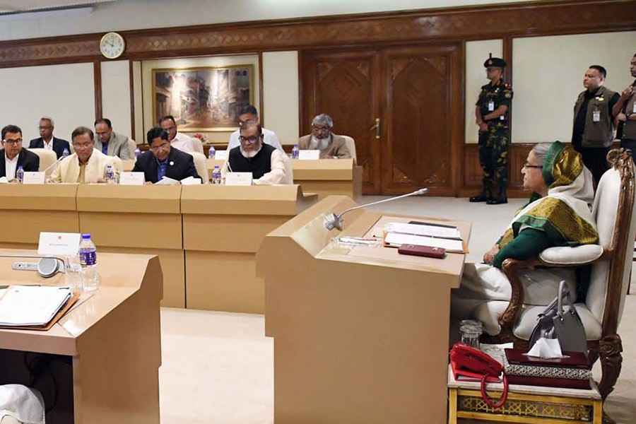 Prime Minister Sheikh Hasina presiding over the cabinet meeting at her office on Monday. -PID Photo