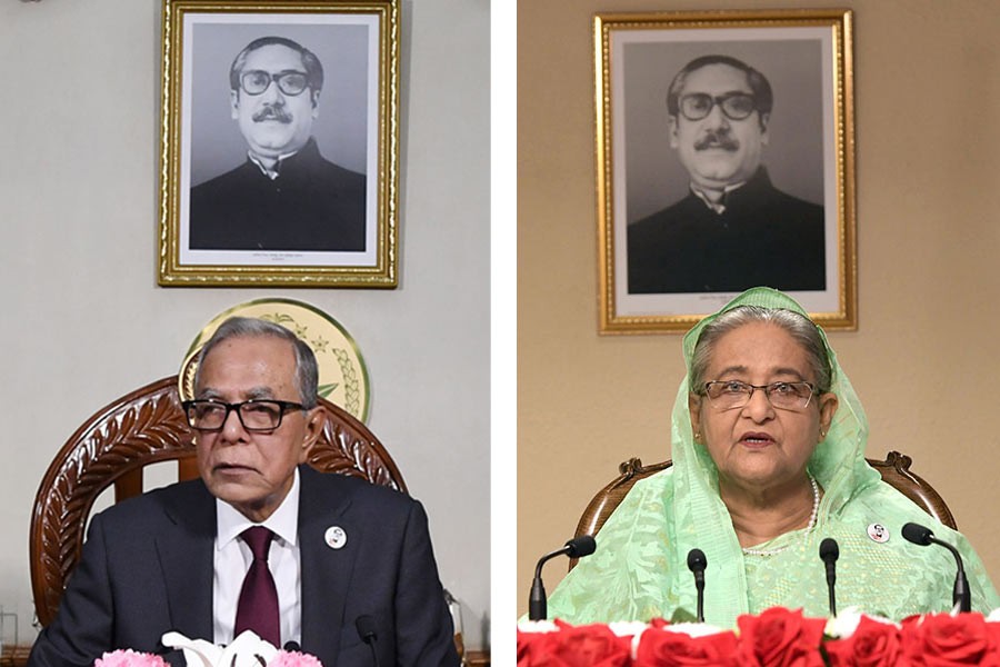 President M Abdul Hamid and Prime Minister Sheikh Hasina addressing the nation on Tuesday on the occasion of the inauguration of the birth centenary celebration of Father of the Nation Bangabandhu Sheikh Mujibur Rahman. -PID Photos