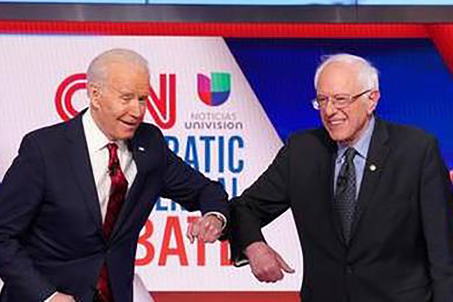 Democratic presidential candidates Senator Bernie (right) Sanders and former vice-president Joe Biden at the 11th Democratic candidates debate in Washington DC on March 16, 2020.           —Photo: Reuters