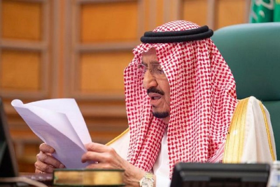 Saudi King Salman bin Abdulaziz speaks via video link during a virtual G20 summit on coronavirus disease (COVID-19), in Riyadh, Saudi Arabia, March 26, 2020. — Reuters