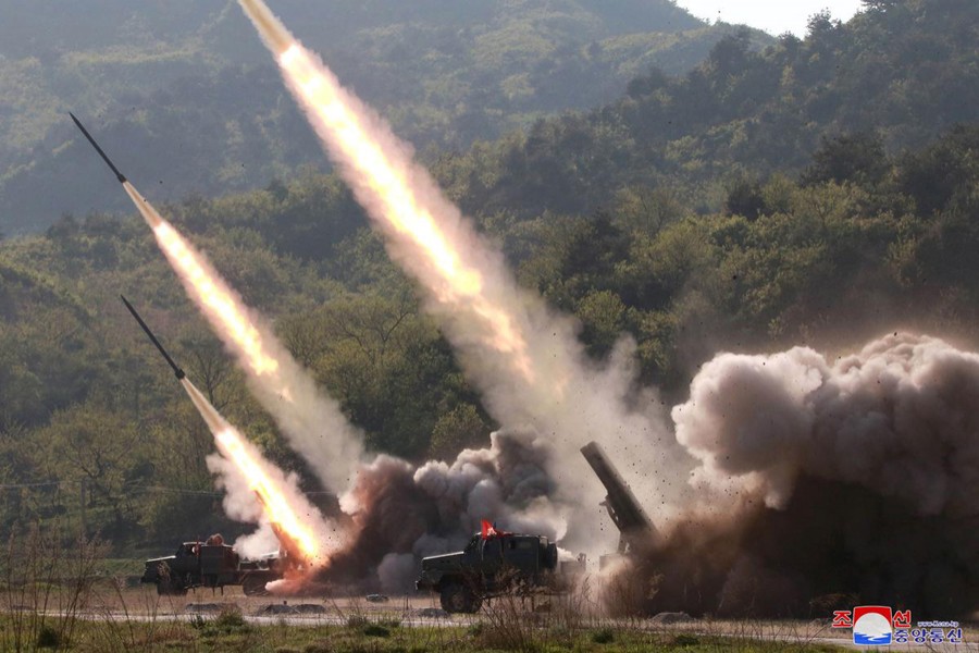 Missiles are seen launched during a military drill in North Korea, in this photo supplied by the Korean Central News Agency (KCNA) May 10, 2019 — KCNA via REUTERS/Files