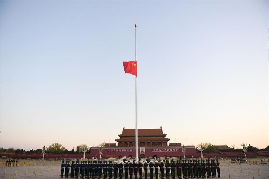 The Chinese national flag flies at half-mast Tian'anmen Square in Beijing, April 04, 2020, as China holds a national mourning for the martyrs who died in the fight against the novel coronavirus disease (COVID-19) outbreak and the compatriots who died of the disease. — Xinhua Photo