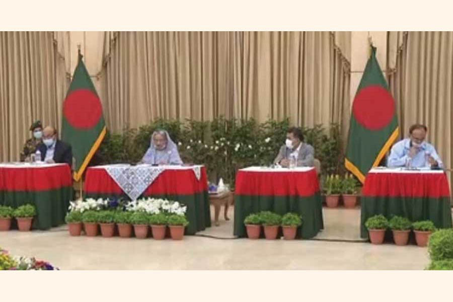 Prime Minister Sheikh Hasina announces a Tk 727.50-billion stimulus package to cushion the impact of the Covid-19 pandemic in a media briefing televised live from her official residence Ganabhaban on April 05, 2020.     —Photo: bdnews24.com   