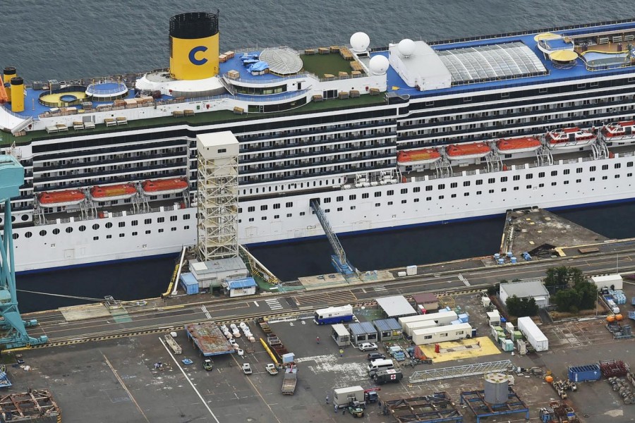An aerial view shows Italian cruise ship Costa Atlantica, which has crew members confirmed with cases of the coronavirus disease (COVID-19) infection, in Nagasaki, southern Japan April 23, 2020. in this photo taken by Kyodo. Mandatory credit Kyodo/via REUTERS