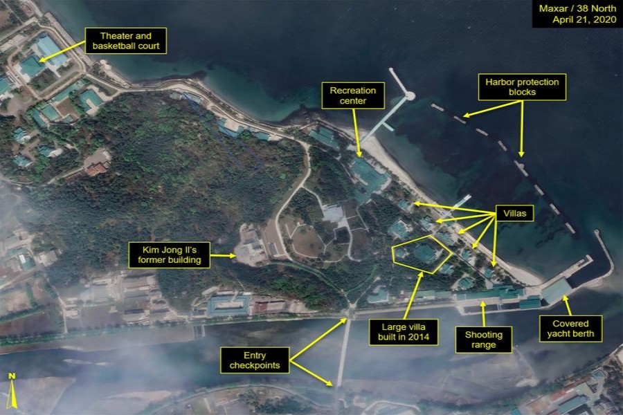 What is described by Washington-based North Korea monitoring project 38 North as a leadership train station servicing North Korean leader Kim Jong Un's Wonsan complex is seen in a satellite image with graphics taken over Wonsan, North Korea April 21, 2020. Satellite image ?2020 Maxar Technologies-38 North/Handout via REUTERS.