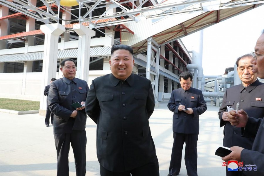 North Korean leader Kim Jong Un attends the completion of a fertiliser plant, in a region north of the capital, Pyongyang, in this image released by North Korea's Korean Central News Agency (KCNA) on May 2, 2020. KCNA/via REUTERS