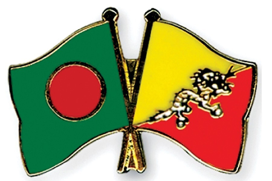 Flags of Bangladesh and Bhutan are seen cross-pinned in this photo symbolising friendship between the two nations