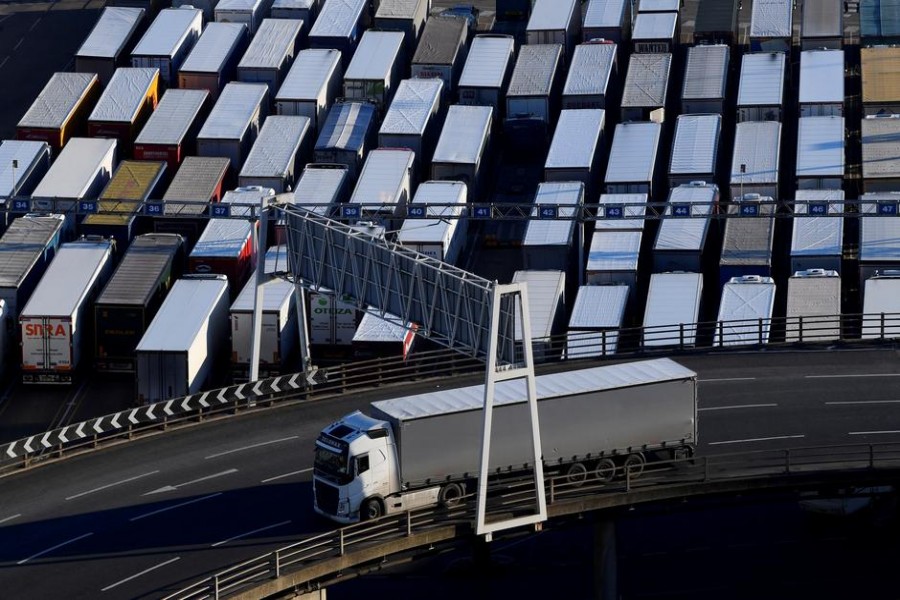 A lorry is driven past dozens of others parked after traveling by ferry between Britain and France at the Port of Dover, Britain on February 14, 2019 — Reuters/Files