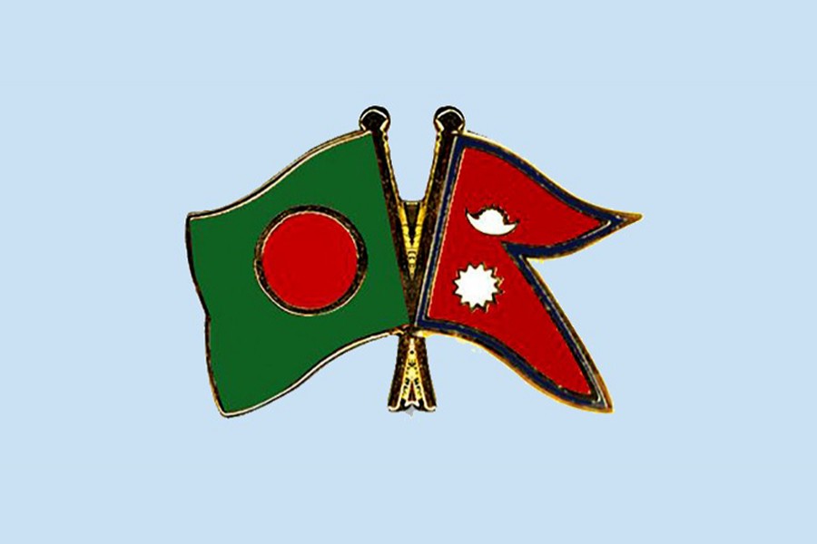 Flags of Bangladesh and Nepal are seen cross-pinned in this photo symbolising friendship between the two nations