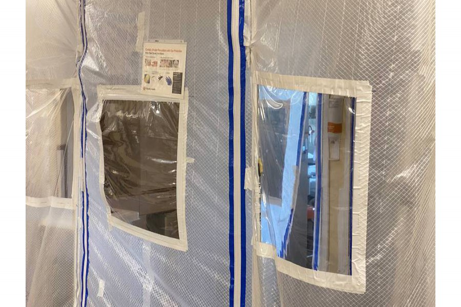 A protective screen is seen at the entrance to a negative pressure ICU hospital room, where COVID-19 patients are treated, at St John's Regional Medical Center in Oxnard, California, U.S., July 9, 2020. Picture taken July 9, 2020. REUTERS/Sandra Stojanovic