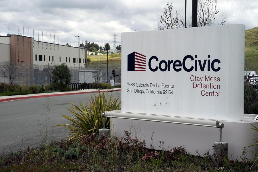 Signage is seen outside the Otay Mesa Detention Center, a ICE (Immigrations & Customs Enforcement) federal detention center privately owned and operated by prison contractor CoreCivic, amid the coronavirus disease (COVID-19) outbreak in San Diego, California, US, April 11, 2020. REUTERS/Bing Guan