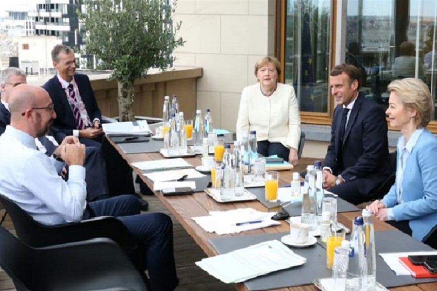 Netherland’s Prime Minister Mark Rutte, Austria’s Chancellor Sebastian Kurz, Finland’s Prime Minister Sana Marin, Sweden’s Prime Minister Stefan Lofven and Denmark’s Prime Minister Mette Frederiksen attend a meeting at the first face-to-face EU summit since the coronavirus disease (COVID-19) outbreak, in Brussels, Belgium, July 19, 2020 — Francois Walschaerts/Pool via Reuters